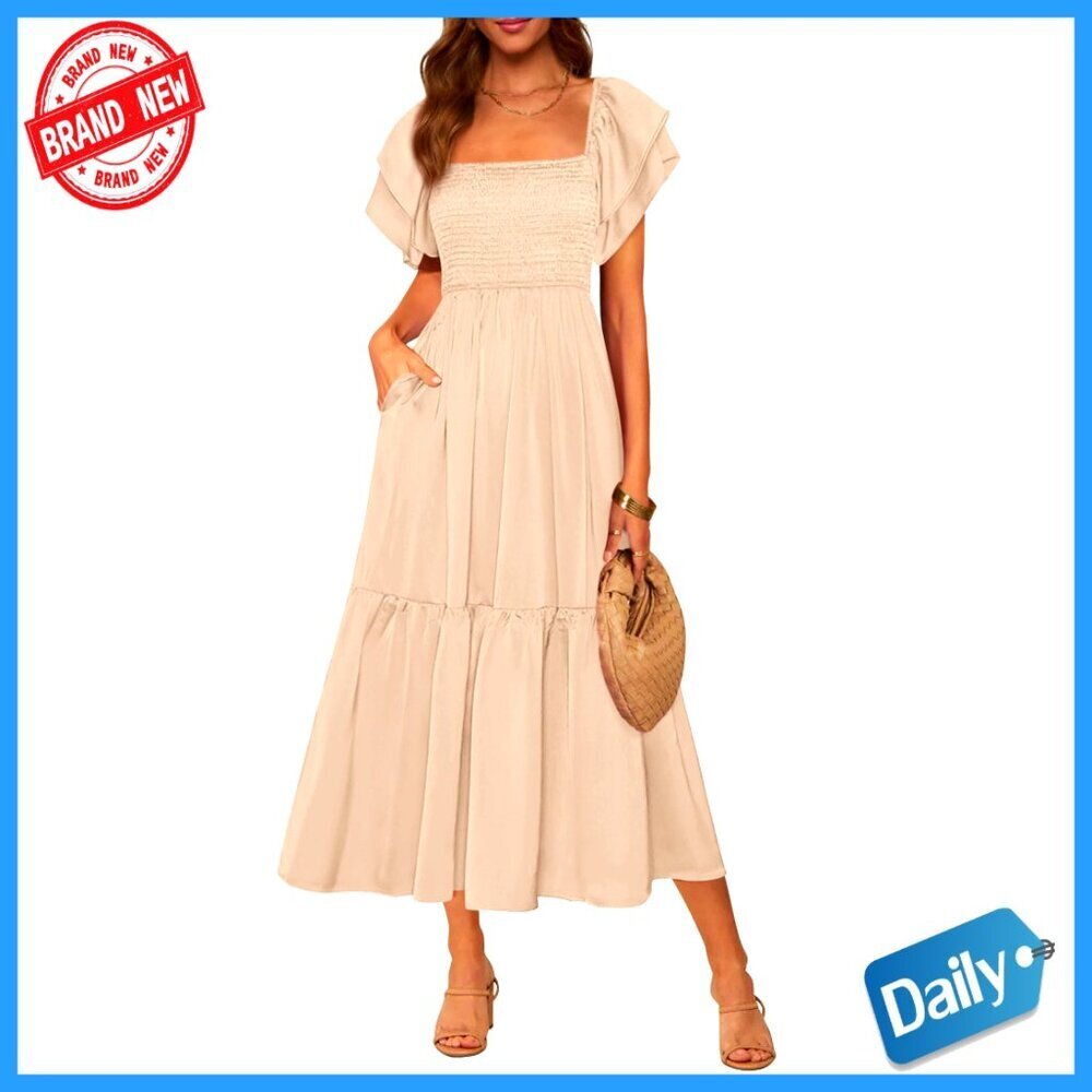Summer Midi Dress Square Neck Ruffle Sleeve Smocked Waist A-Line Wedding Guest